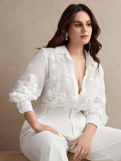 Anewsta قميص فرنسي كلاسيكي للنساء مطرز بالأزهار الشفاف بأحجام كبيرة أبيض بأكمام طويلة لإطلالات الربيع للنساء