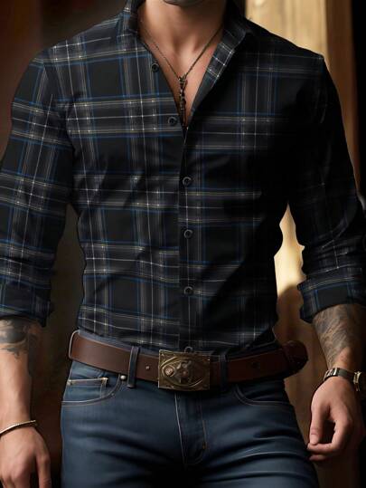 Manfinity Homme Men's Front Button Long Sleeve Plaid Casual Business Shirt, For Fall