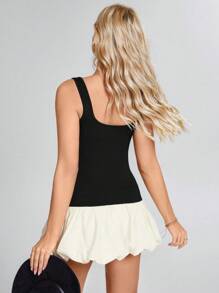 SHEIN LUNE 蓬蓬西式女装女式无袖方领修身泡泡下摆迷你连衣裙，春夏 - 黑與白 - 查看 2