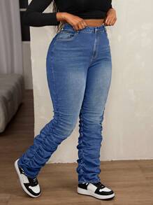 SHEIN SXY Plus Size Skinny Stretch Jeans With Extended Hem Design - Medium Wash - View 1