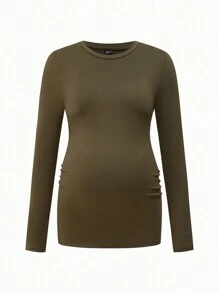 SHEIN 3-Piece Maternity Round Neck Long Sleeve Bodycon T-Shirt Set, Casual - Army Green - View 14