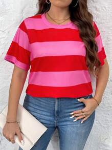 SHEIN LUNE 大码女式 V 领条纹休闲夏季 T 恤