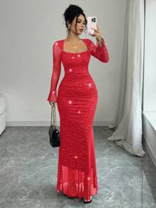 Rafferiza Elegant Party Asymmetric Neck Pleated Front & Side Bodycon Mermaid Hem Long Sleeve Flare Cuff Dress For Women In Black, Autumn/Winter, Jacquard Knit Mesh Fabric With Silver Foil Maxi Women Outfit Fall Cloth For Women - Red - View 6