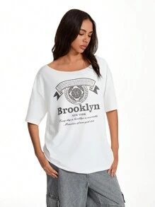 SHEIN Unity Camiseta holgada de cuello redondo con estampado vintage de talla grande - Blanco - Ver 4