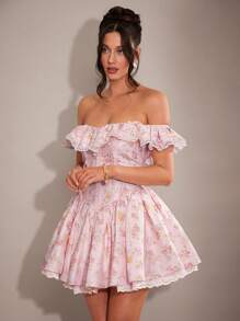 SHEIN BAE 优雅甜美浪漫荷叶边蕾丝露肩紧身泡泡袖连衣裙，适合春秋冬季，粉色碎花，公主裙，情人节，派对，约会，伴娘，舞会，工作，生日礼物 - 粉色 - 查看 5