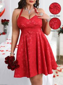 Flirla Vestido rojo de talla grande para mujer con escote halter, espalda abierta y estampado de flores en jacquard para el Día de San Valentín