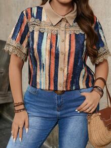 SHEIN LUNE Women's Linen Lace Patchwork Casual Blouse