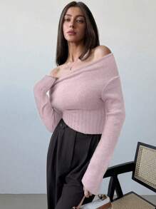 Aloruh 女士灰色短款修身露肩长袖针织毛衣 - 粉色 - 查看 6