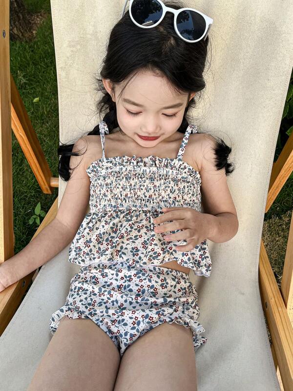 Dazy Kids Young Girl Spaghetti Strap Printed Tankini Top And Bottom Swimwear Set