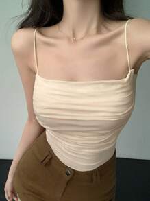 DAZY 女式纯色褶饰吊带背心，休闲性感夏季吊带背心 - 杏色 - 查看 6
