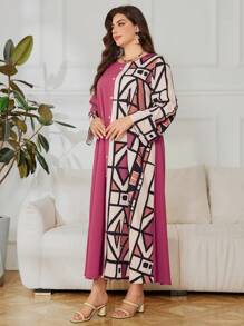 Lacomfia Robe imprimée géométrique à patchwork à manches longues pour grandes tailles