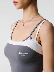 SHEIN Unity Summer New York Logo Print Contrast Double Layered Camisole - Grey - View 3