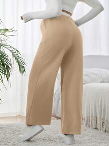 SHEIN 孕妇撞色腰带口袋阔腿休闲裤 - 卡其色 - 查看 2