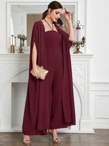 Modelyn 女士优雅派对纯色斗篷和连身裤 2 件套 - 紅色 - 查看 6