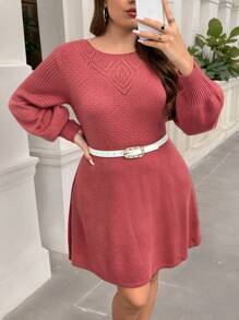 Calvaya Plus Size Solid Color Lantern Sleeve Sweater Dress, Casual Style For Autumn/Winter - Watermelon Pink - View 6