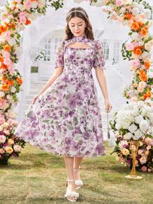 Wildeya 1 Stück Teenager Mädchen Lila Rüschen Kragen Puff Ärmel Kurzarm Organza Muster Kleid, feminin & elegant, Frühling/Sommer, Ferien, Sommer, Reise