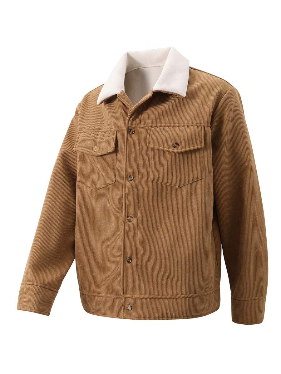 Manfinity Homme Men Plus Size Color Block Collar Long Sleeve Single-Breasted Jacket , Corduroy, Thermal Lined Jacket - Khaki - View 1