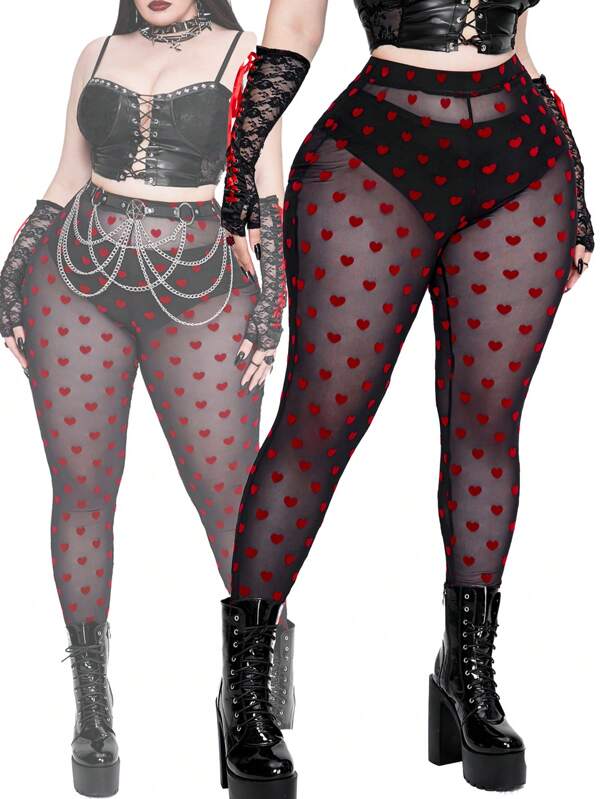 Whyspr Plus Size 2buc/Set, la modă, elastici, care slăbesc, leggings casual versatili, cu modele tematice de Ziua Îndrăgostiților, cum ar fi trandafiri, inimi, buline, dragoste, buze, cupidon, flori 3D pentru vară