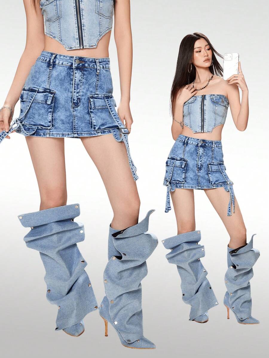 SHEIN EZwear 女士牛仔迷你裙 街头风 性感 蓝色 - 中等水洗藍 - 查看 1