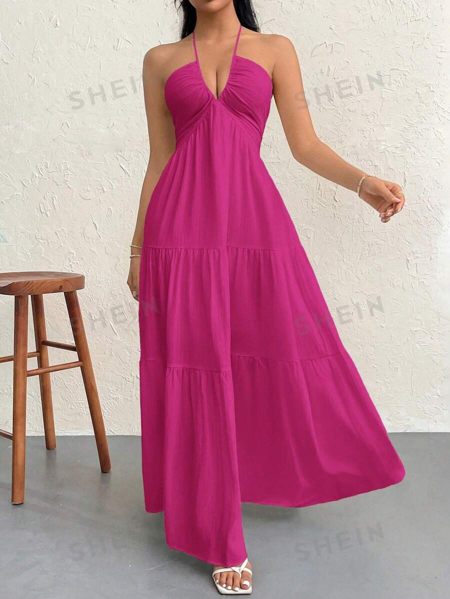 Firerie Vestido largo de mujer de gasa con cuello halter y espalda descubierta con lazo, para vacaciones, boda y eventos