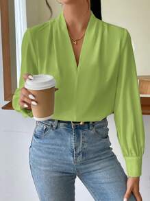 SHEIN Privé 女士纯色 V 领长袖休闲上衣，日常穿着 - 橄欖綠 - 查看 4