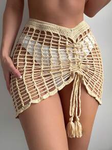SHEIN Swim Jupe de plage à taille haute kaki pour femme, faite main au crochet avec côtés ajourés, cordon de serrage à la taille et franges, convient pour les vacances