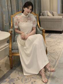 DAZY 女士白色细肩带连衣裙，夏季纯色新款中式改良旗袍优雅褶皱两件套 - 米色 - 查看 2