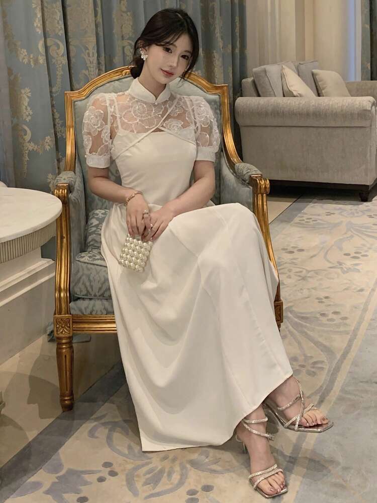 Women's White Spaghetti Strap Dress, Summer Solid New Chinese Style Improved Cheongsam Elegant Pleated 2 Pieces Set