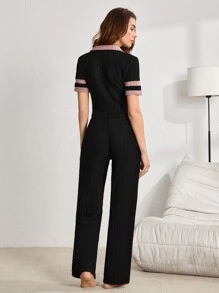 2pcs Women Collared Pullover Loungewear Set, Black & Pink - Multicolor - View 4