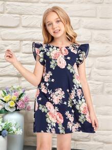 SHEIN Cô gái Tween Viền Ruffle In hoa Đầm - Nhiều màu - Xem 6