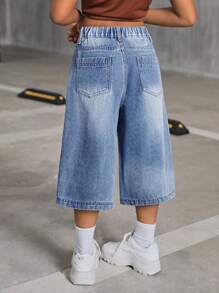 SHEIN Tween Girls Y2K 2000s Retro Washed Baggy Causal Denim Wide Leg Knee Length Jeans Shorts,Girls Spring Summer Boho Concert Rave Festival Clothes Back To School Streetwear Outfits