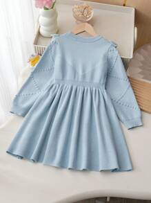 Souflis Souflis Váy len trang trí nơ hồng cho bé gái, váy dệt kim dài tay cổ tròn viền bèo nhún dễ thương - Màu xanh lam - Xem 2