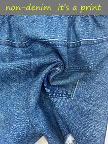 2 件套年轻女孩休闲露肩短袖印花上衣 + 牛仔效果短裤套装，春季服装，春夏