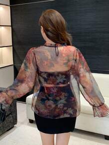 DAZY Floral Print Stand Collar Ruffle Trim Long Sleeve Casual Blouse For Women, Vacation Wear, Summer