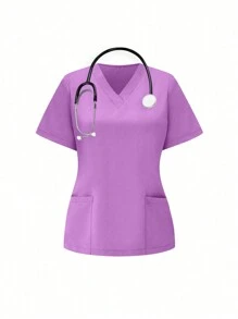TaskEZ Bộ đồng phục phẫu thuật quần áo sơ mi và áo cánh tay ngắn cổ chữ V màu trơn - Màu tím hoa cà - Xem 3