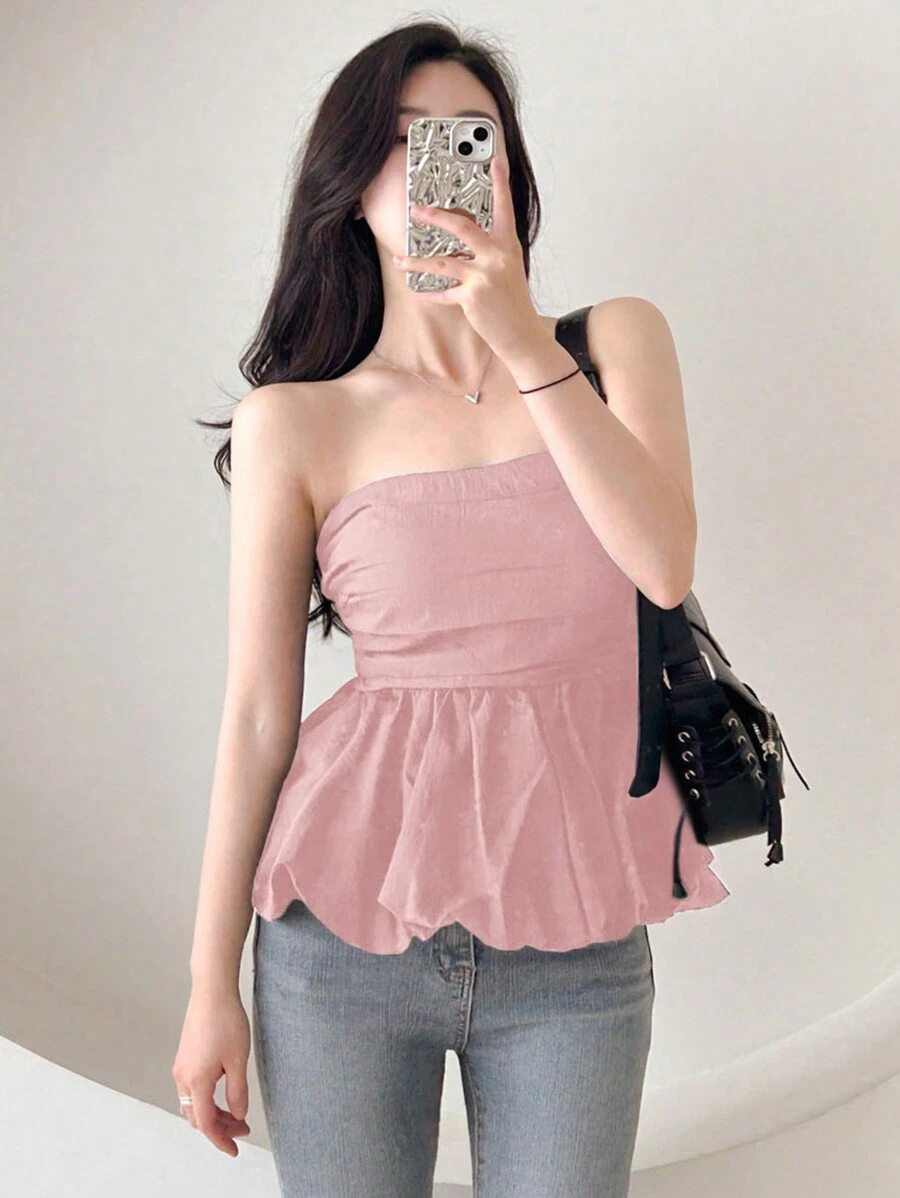 DAZY Women's Solid Color Bandeau Sleeveless Shirt, Slim Fit, Holiday/Vacation/Beach, Spring/Summer,Ruffle Babydoll Top Going Out Tops - Pink - View 1