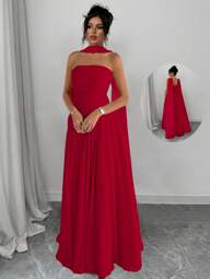 Elenzga 1pc Women Solid Color Halter Dress With Pleated Detail, Elegant Sleeveless Long Dress Maxi Women Outfit