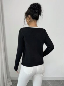 Chiquease Suéter de mujer de cuello en V de color contrastante de manga larga, suéter de punto de otoño/invierno