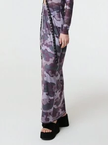 SHEIN Unity Gonna mini casual da donna con stampa mimetica e allacciatura anteriore, per uso quotidiano - Multicolore - Visualizzare 4