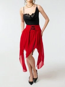 SHEIN Unity Jupe mi-longue rouge à taille haute avec volant et lacets contrastés en avant