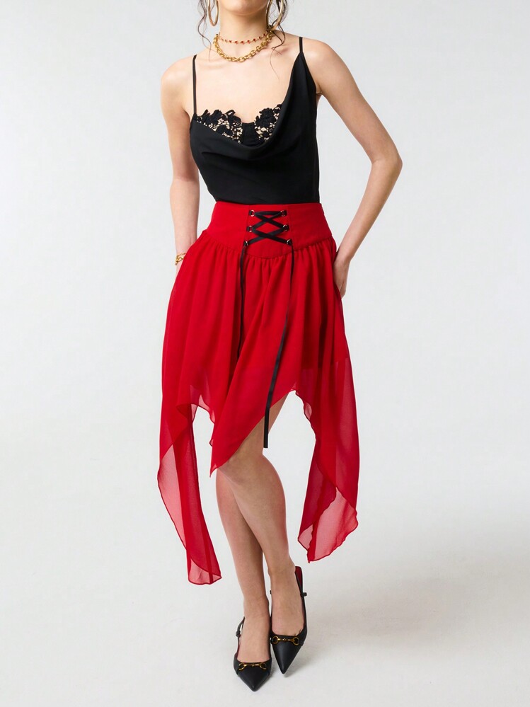 SHEIN Unity 情人节高腰系带下摆中长红色半身裙，正面饰有撞色蕾丝 - 紅色 - 查看 5