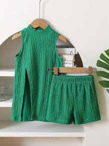 2pcs/Set Young Girl Plain Round Neck Side Split Hem Top & Shorts Set - Green - View 3