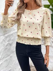 SHEIN LUNE Boho Women Clothing  Easter  Spring White Romantic Cherry Blossom Print Button-Down Shirt For Women - White - View 4