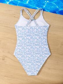 SHEIN 少女小碎花连体泳衣，可调节交叉肩带设计，蓝白印花沙滩装 - 彩色 - 查看 2