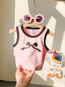 女婴婴儿和幼儿（0-3 岁）休闲百搭时尚黑色和粉色撞色蝴蝶结装饰无袖上衣，适合室内和室外穿着 - 粉色 - 查看 2