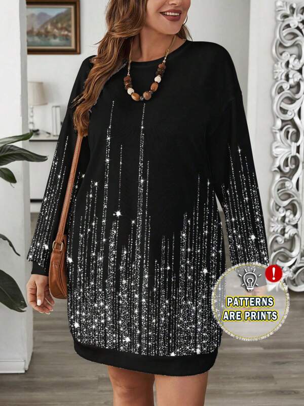 SHEIN LUNE Plus Size Women's Shiny Line Pattern Printed Long Hoodie Dress
