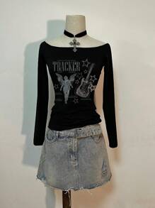 Attitoon 女士休闲复古吉他与天使露肩紧身长袖 T 恤，百搭 - 黑色 - 查看 4