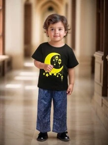 Camiseta negra con gráfico de luna para bebés niño y pantalones de efecto jean, conjunto casual para juegos al aire libre o eventos, de moda y versátil - Multicolor - Ver 3