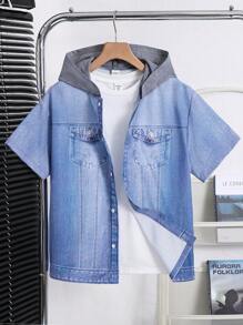 SHEIN Tween Boys' Casual Versatile Denim Effect Colorblock Loose Fit Short Sleeve Button Down Shirt, Suitable For School, Garden, Beach, Birthday, Spring, Summer, Fall, Winter - Multicolor - View 2