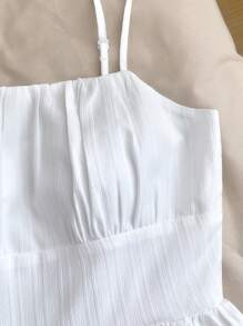 Vestido corto casual y holgado para adolescentes con textura trenzada, rayas verticales, pliegues en el pecho, cintura y recorte en la espalda, para primavera/verano - Blanco - Ver 3